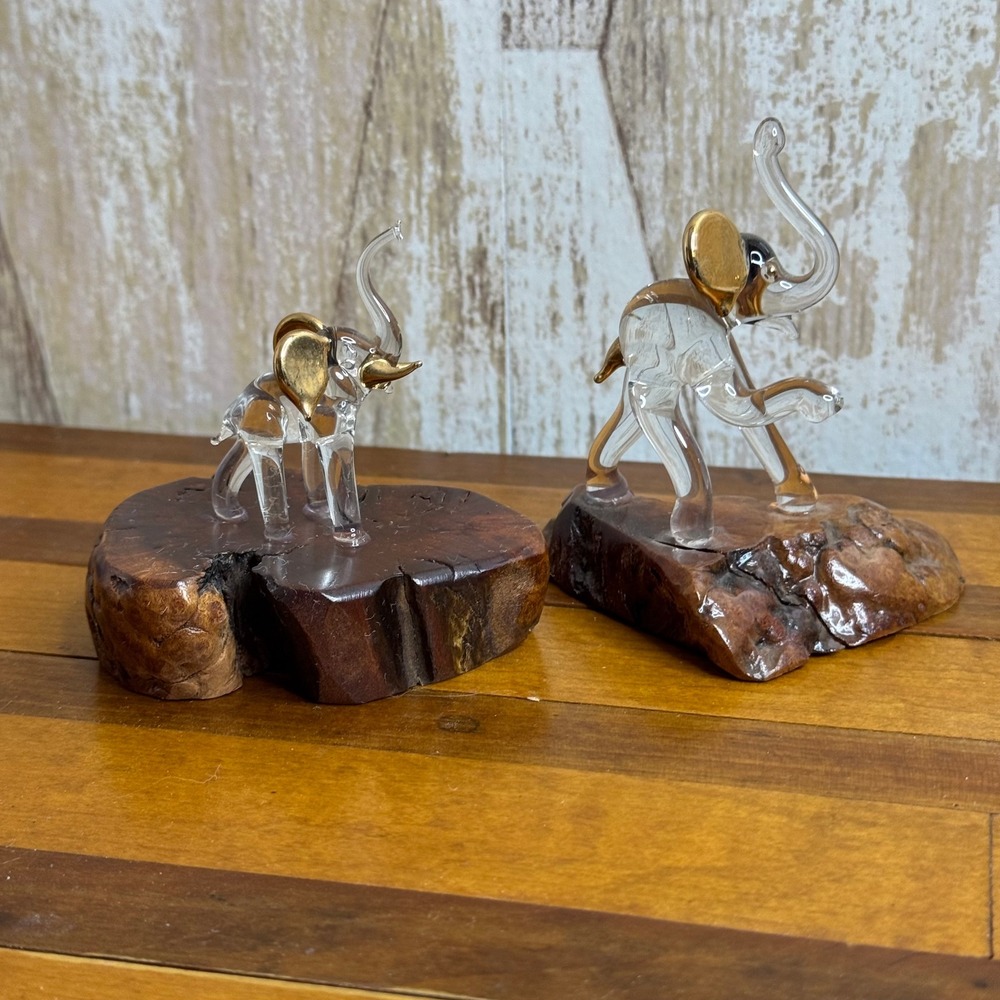Set of 2 Glass Elephants 22kt Gold Wood Bases MINIATURE Vintage Figurines